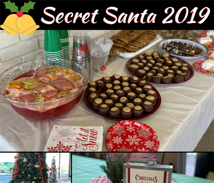 collage of cookies, gifts, and employees at tables